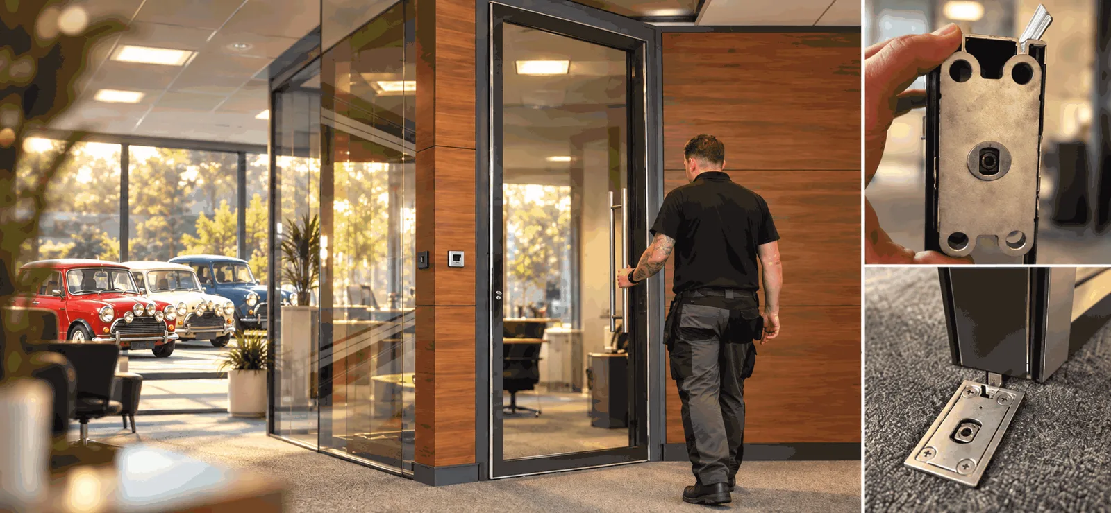 CDMS engineer walking through the repaired large tinted-glass pivot door in a panelled office suite, with insets of the worn pivot and the new bespoke floor pivot